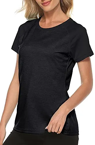 MoFiz Women's Workout Running T-Shirt UPF 50  Sun Protection Activewear Yoga Gym Breathable Soft Short Sleeve Tops Sports Tee Rose Blke Size XS