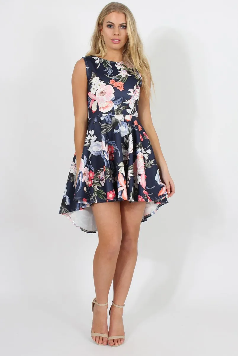 Navy Floral Print Dipped Hem Skater Dress - Lizzie