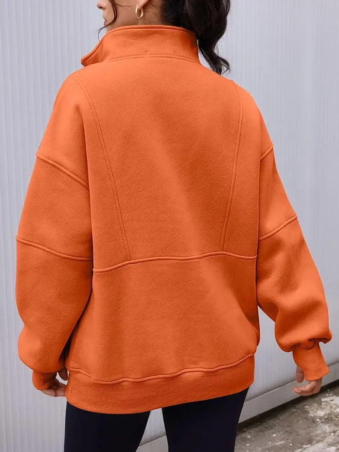 New AUTOMET Women's Half Zip Oversized Sweatshirts Fleece Long Sleeve Hoodies Casual Sweaters with Pockets, Orange sz XL