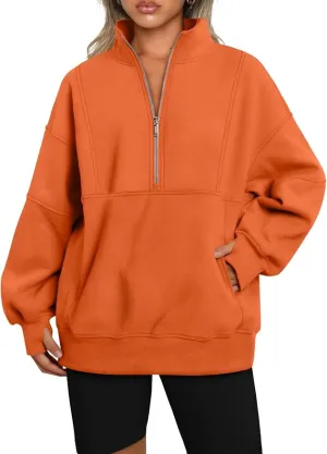 New AUTOMET Women's Half Zip Oversized Sweatshirts Fleece Long Sleeve Hoodies Casual Sweaters with Pockets, Orange sz XL