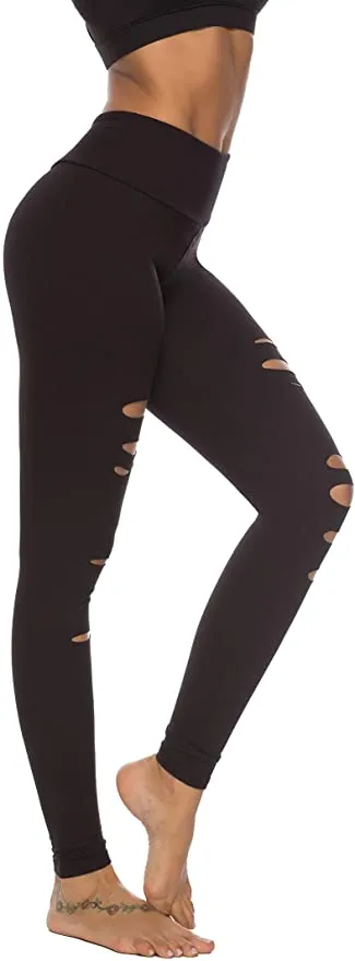 New DIBAOLONG Womens Buttery Soft High Waist Yoga Pants Cutout Ripped Tummy Control Workout Running Yoga Skinny Leggings, Black, Sz XL!
