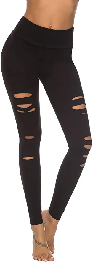 New DIBAOLONG Womens Buttery Soft High Waist Yoga Pants Cutout Ripped Tummy Control Workout Running Yoga Skinny Leggings, Black, Sz XL!