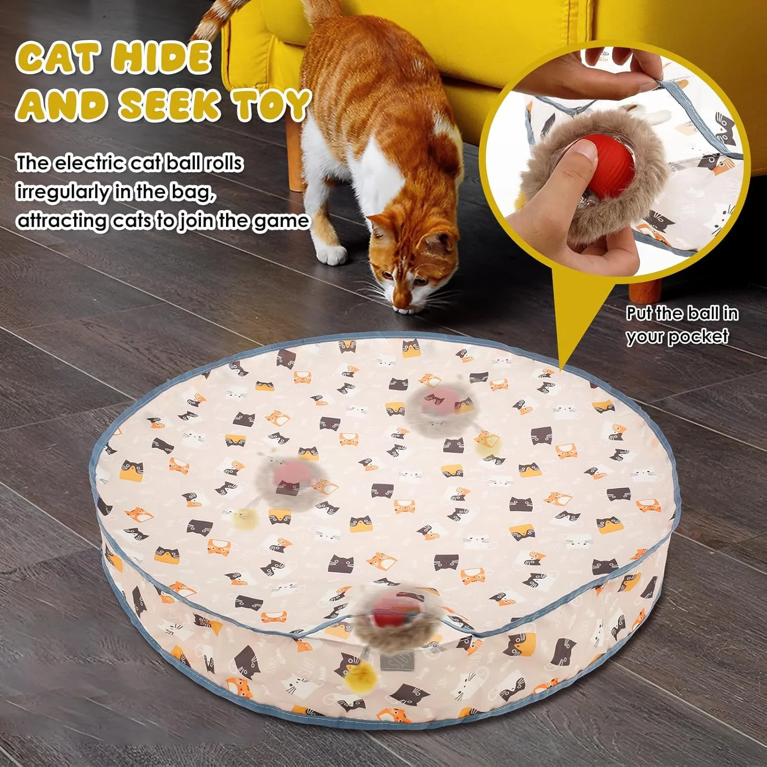 NEW Interactive Cat Toys for Indoor Cats, Electric Cat Ball Fast Rolling in Pouch, Motion Activated Chirping Cat Toy, Hide and Seek Cat Toy with LED Light, Simulated Cat Hunting Toy