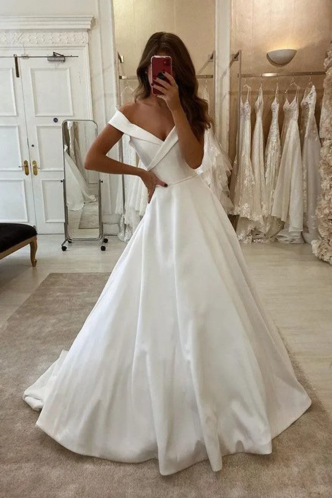 Off-the-shoulder Satin Wedding Gowns Simple Bridal Dresses With Court Train TN295