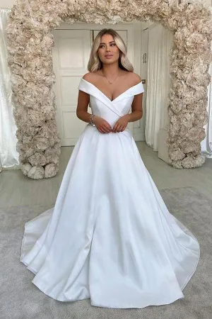 Off-the-shoulder Satin Wedding Gowns Simple Bridal Dresses With Court Train TN295