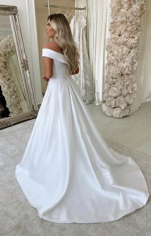Off-the-shoulder Satin Wedding Gowns Simple Bridal Dresses With Court Train TN295