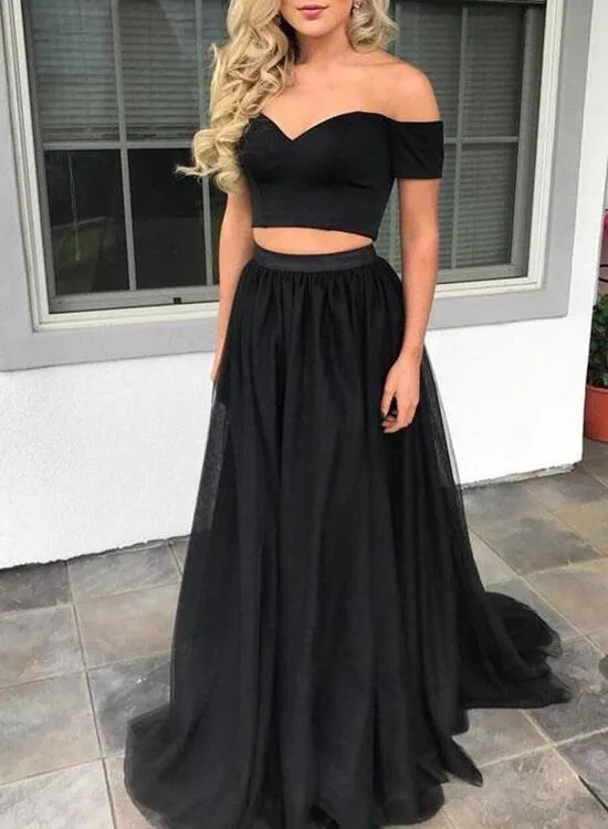 Off The Shoulder Two Piece Black Long Simple Prom Dresses Evening Dresses Plus Size