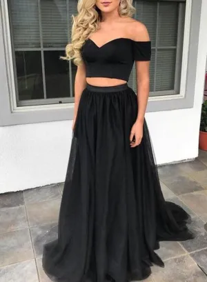 Off The Shoulder Two Piece Black Long Simple Prom Dresses Evening Dresses Plus Size