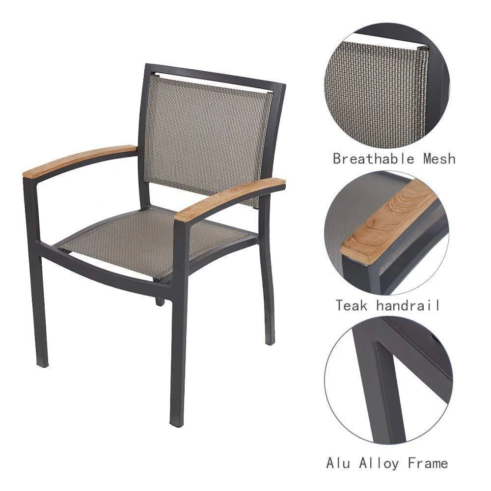 Outdoor Patio Dining Chairs with Teak Armrest,Textilene Mesh Fabric Aluminum Frame, Gray
