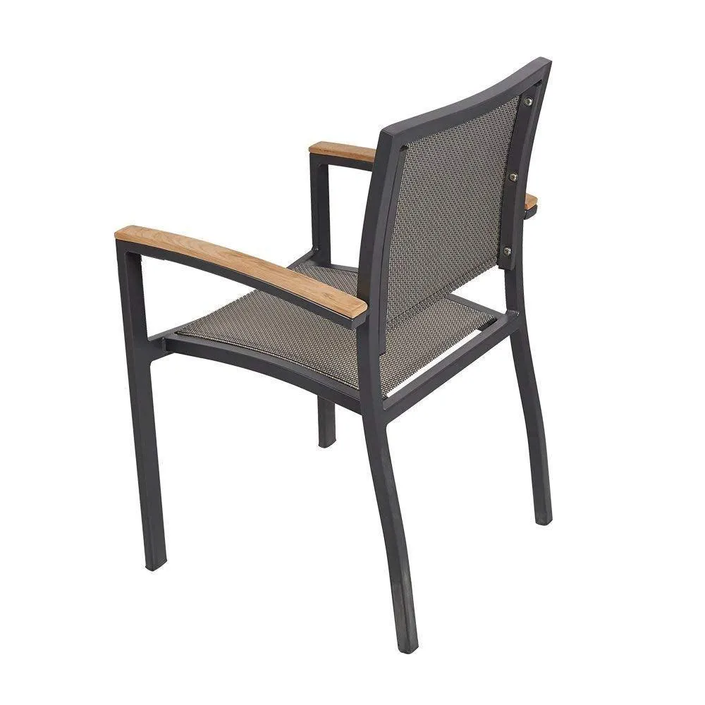 Outdoor Patio Dining Chairs with Teak Armrest,Textilene Mesh Fabric Aluminum Frame, Gray