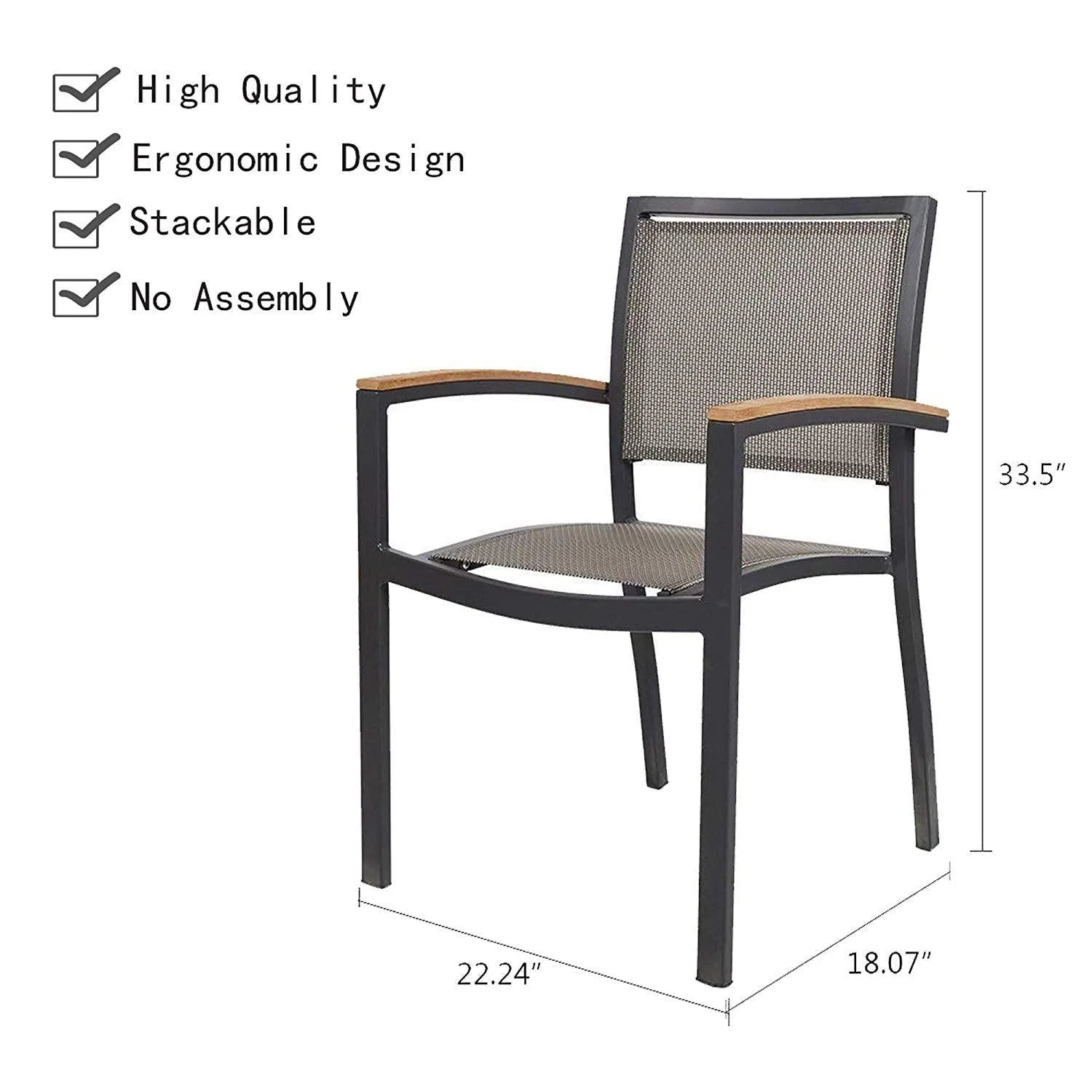 Outdoor Patio Dining Chairs with Teak Armrest,Textilene Mesh Fabric Aluminum Frame, Gray