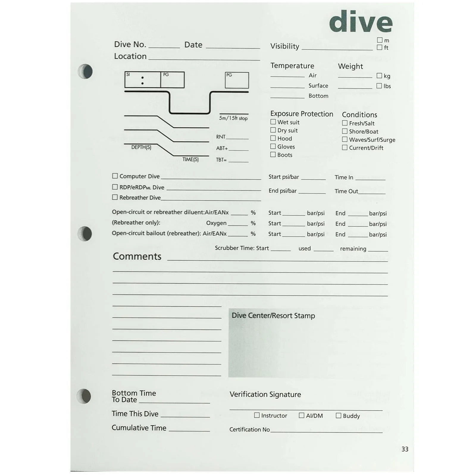 PADI Dive Log Book (without Training Record)