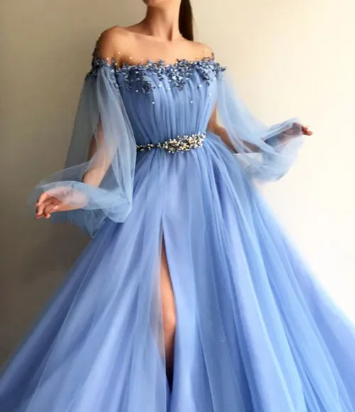 Petite Blue Hot Tulle A-Line Slit Evening Dress Prom Dresses online, SP340
