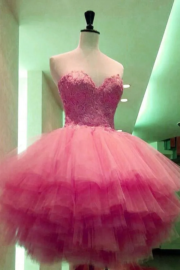 Pink A-line Sweetheart Strapless Lace Appliques Homecoming Dress Party Dresses, MH359