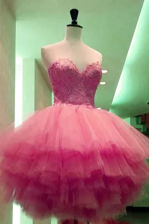 Pink A-line Sweetheart Strapless Lace Appliques Homecoming Dress Party Dresses, MH359