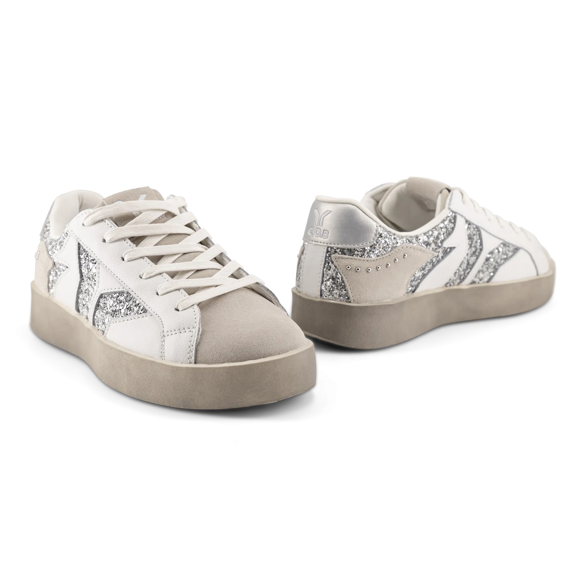 Play Womens Leather Sneaker in silver with glitter wing