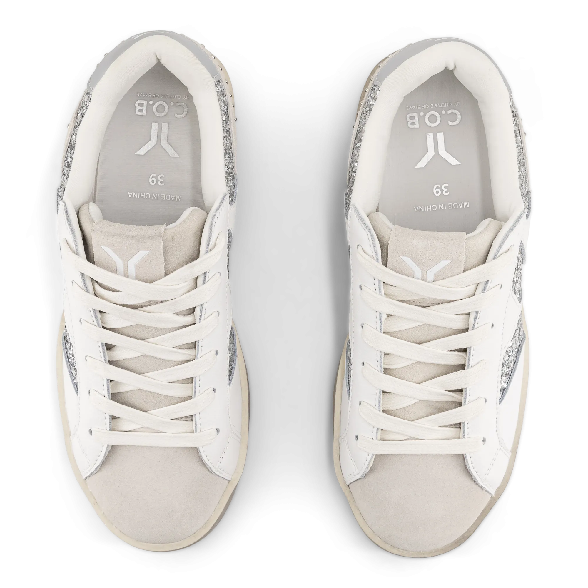 Play Womens Leather Sneaker in silver with glitter wing