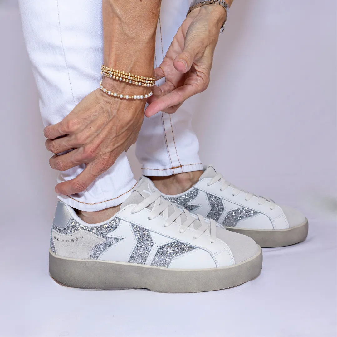 Play Womens Leather Sneaker in silver with glitter wing