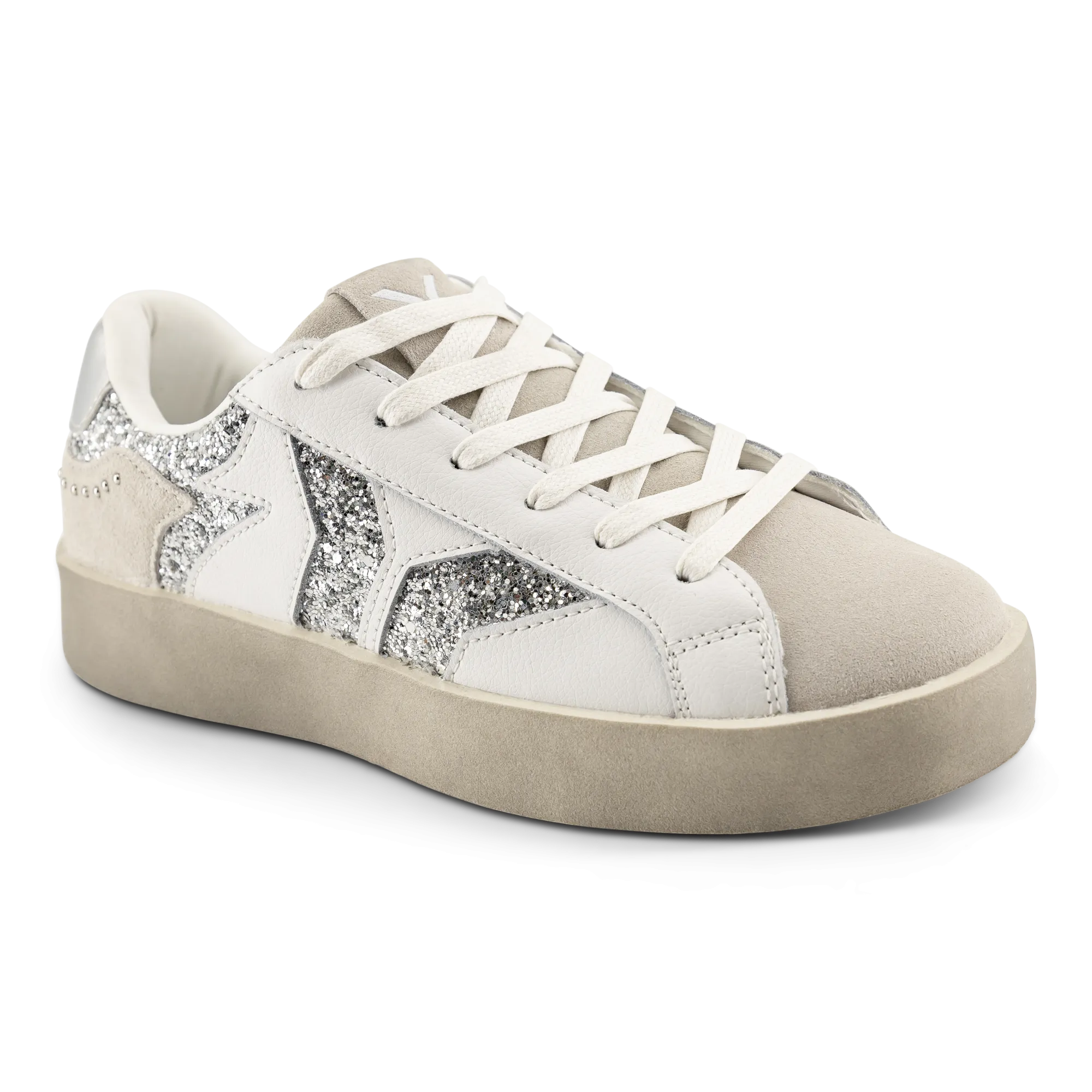 Play Womens Leather Sneaker in silver with glitter wing