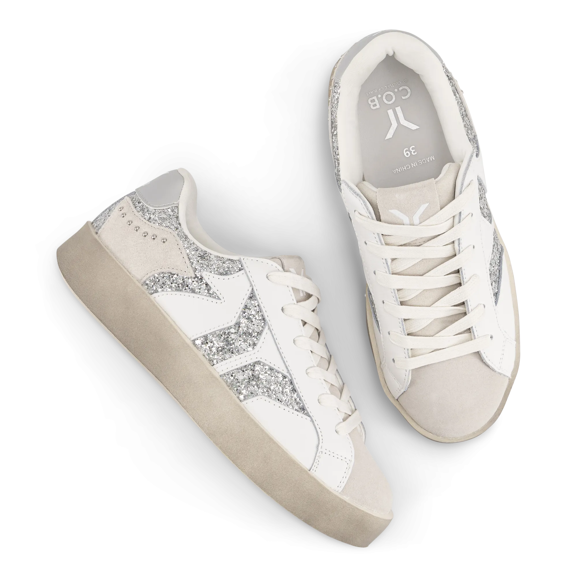 Play Womens Leather Sneaker in silver with glitter wing