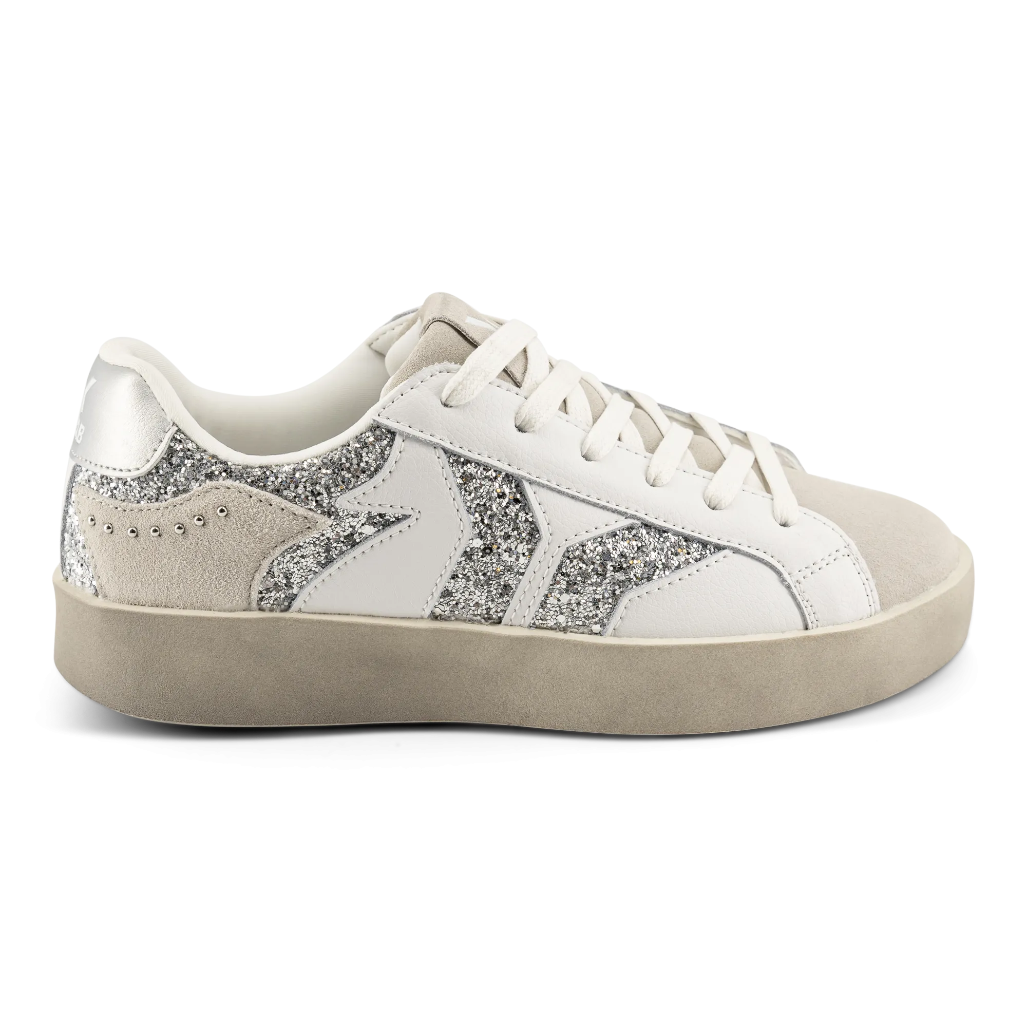 Play Womens Leather Sneaker in silver with glitter wing