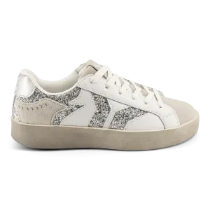Play Womens Leather Sneaker in silver with glitter wing