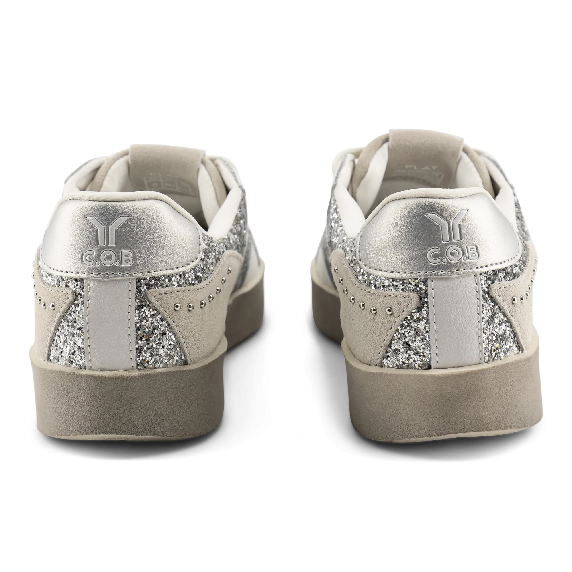 Play Womens Leather Sneaker in silver with glitter wing