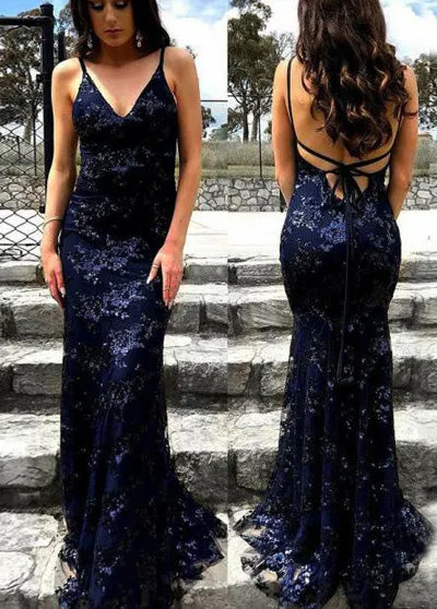 Popular Lace Backless Navy Blue Mermaid Spaghetti Straps Long Prom Dress, SP417