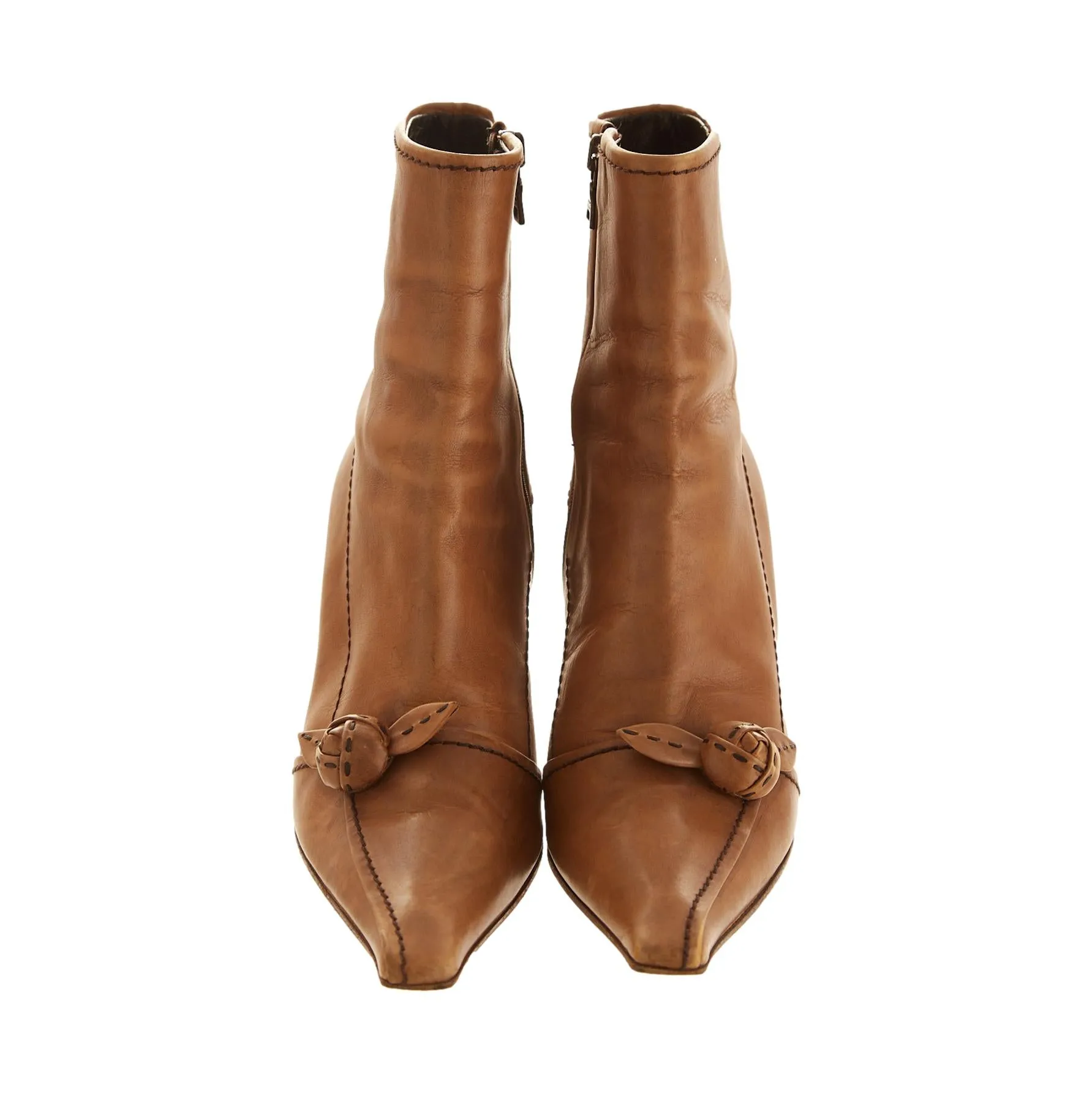 Prada Brown Leather Flower Ankle Boots