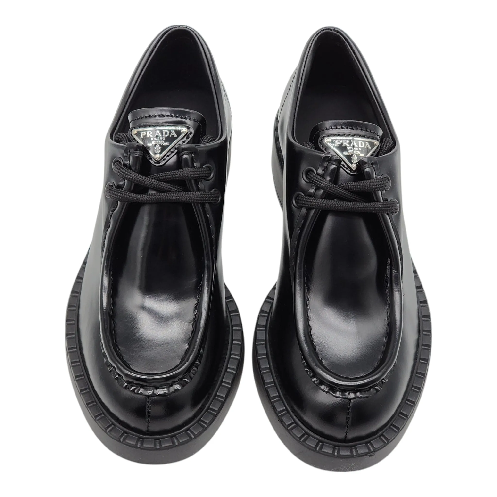 Prada Triangle Logo Lace-Up Shoes - Brushed Leather - Black 35.5