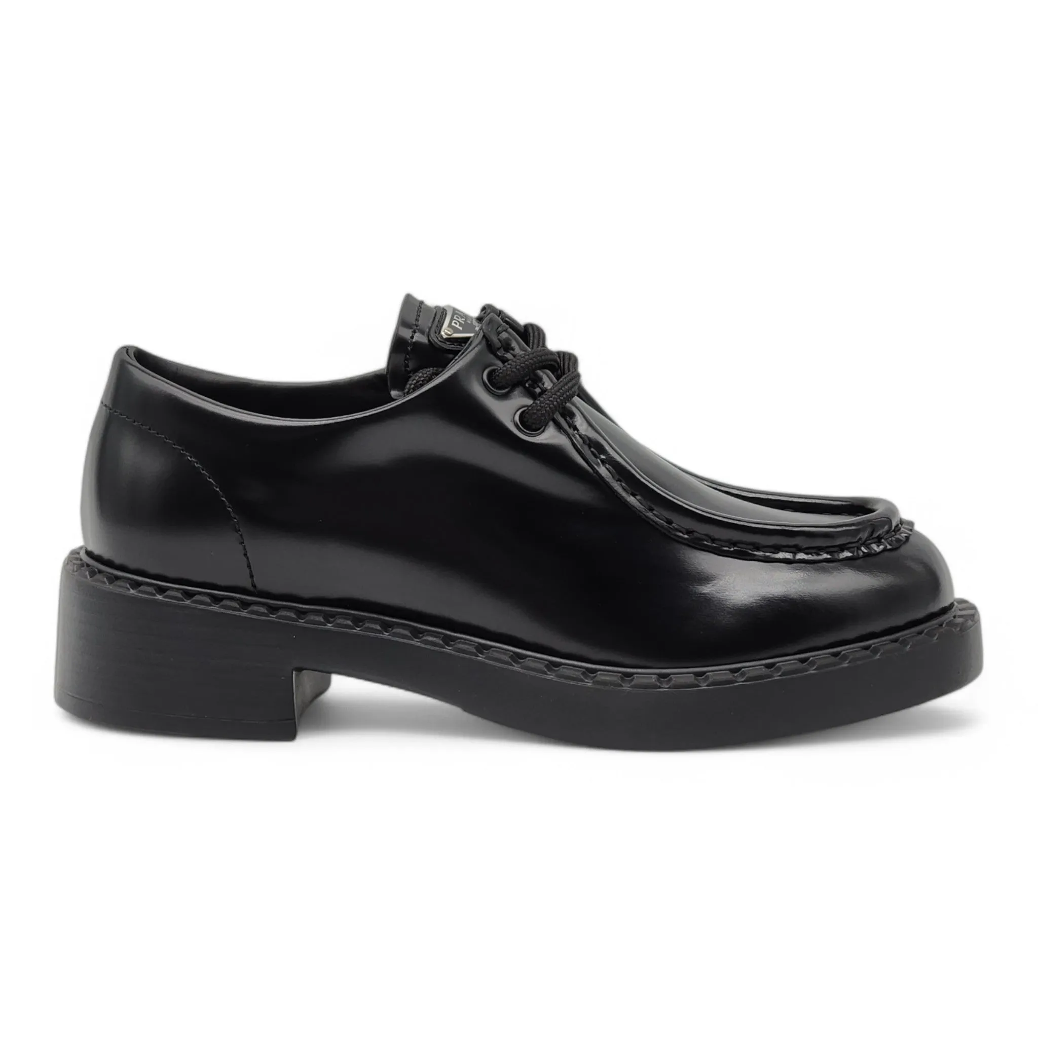 Prada Triangle Logo Lace-Up Shoes - Brushed Leather - Black 35.5