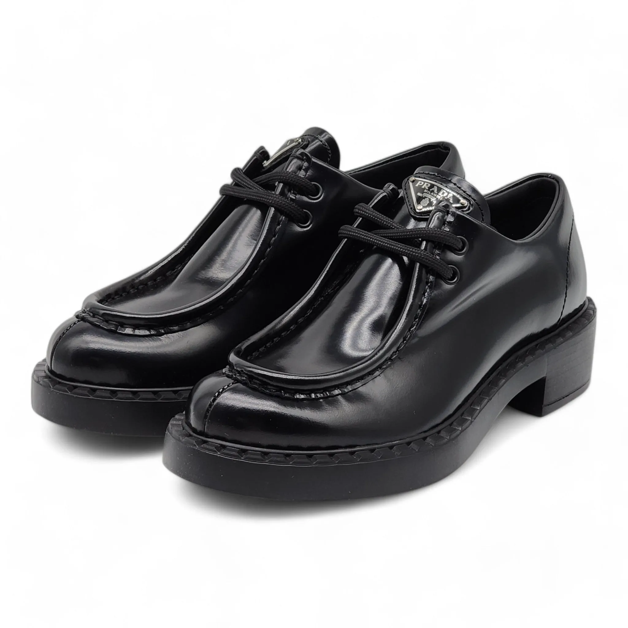Prada Triangle Logo Lace-Up Shoes - Brushed Leather - Black 35.5