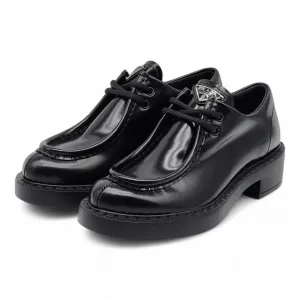Prada Triangle Logo Lace-Up Shoes - Brushed Leather - Black 35.5