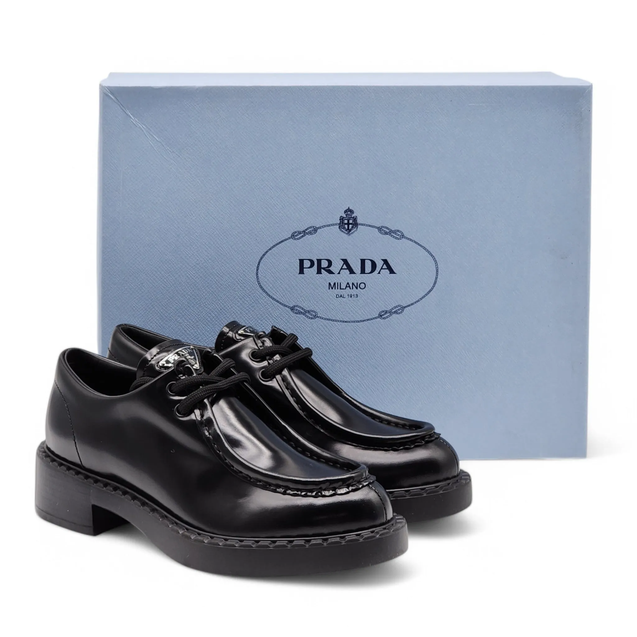 Prada Triangle Logo Lace-Up Shoes - Brushed Leather - Black 35.5