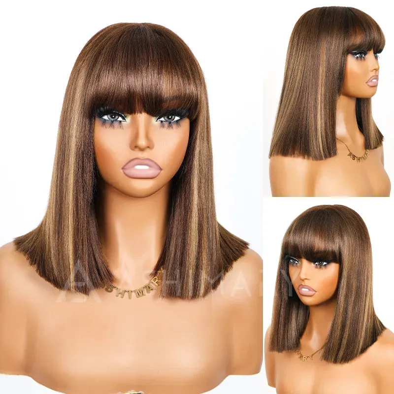 Put On and Go Ash Blonde Highlight Yaki Straight 3x1 Minimalist Lace Bob Wig With Bangs