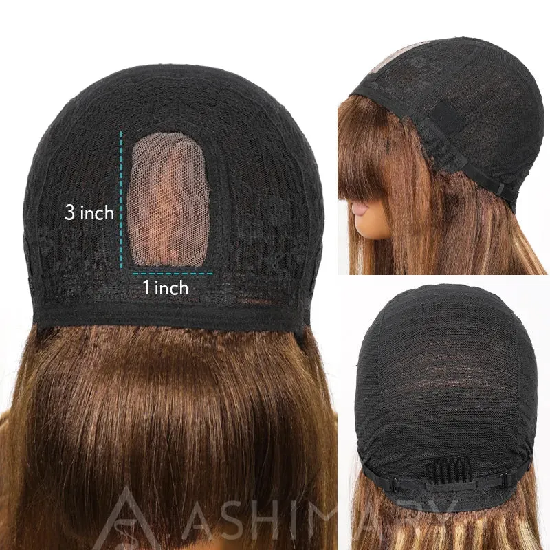 Put On and Go Ash Blonde Highlight Yaki Straight 3x1 Minimalist Lace Bob Wig With Bangs