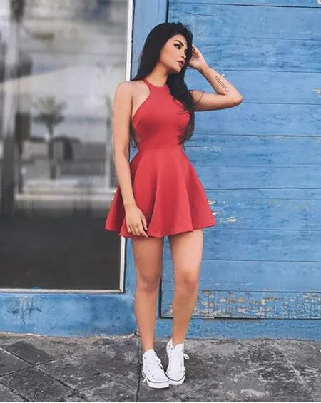Red Halter Simple Short A Line Homecoming Dress