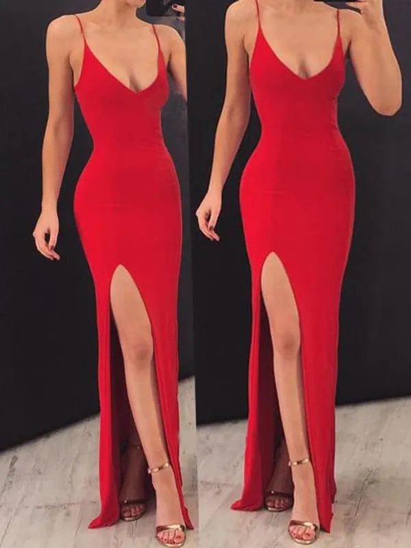 Red Satin Mermaid Spaghetti Straps V-neck Long Prom Dresses with Side Slit, SP441