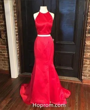 Red Two Pieces Mermaid Prom Dresses 2018 Simple Evening Dresses