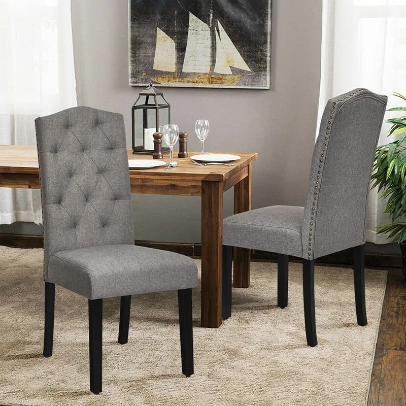 Set of 2 Tufted Upholstered Dining Chair Soft Sponge Breathable Linen Fabric Ergonomically Curved Backrest Dining Chairs Set