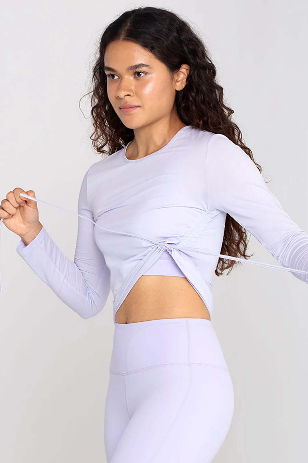 Side Drawstring Round Neck Long Sleeve Shirt