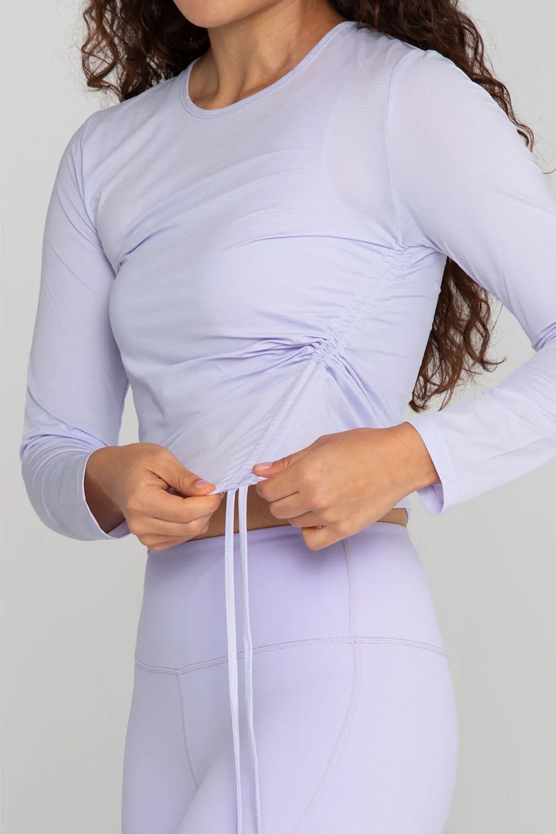 Side Drawstring Round Neck Long Sleeve Shirt