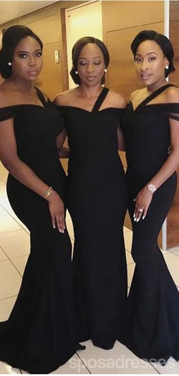 Simple Black Mermaid Off Shoulder Cheap Long Bridesmaid Dresses,WG1225