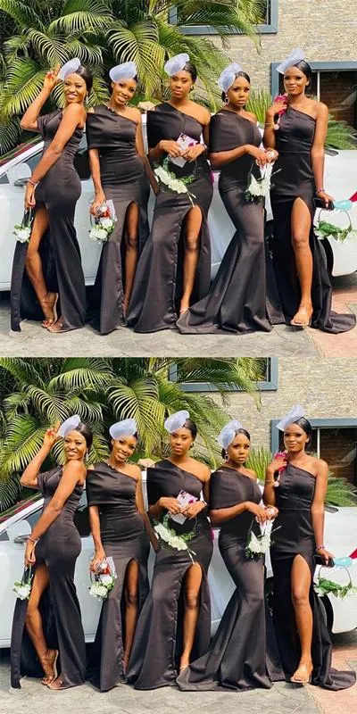 Simple Black Mermaid One Shoulder Side Slit Long Bridesmaid Dresses Online,WG1182