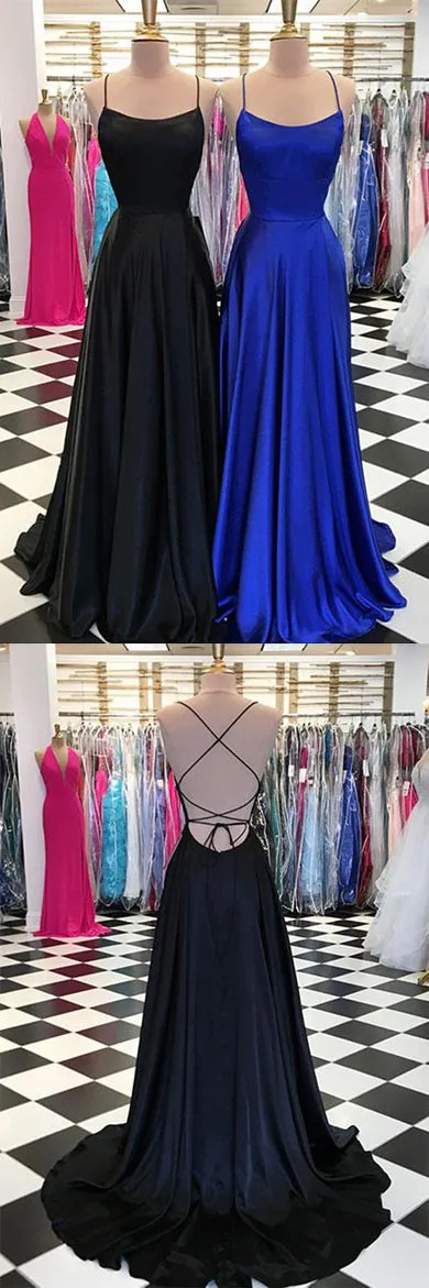Simple Blue Satin A-line Spaghetti Straps Long Prom Dresses with Train, SP449