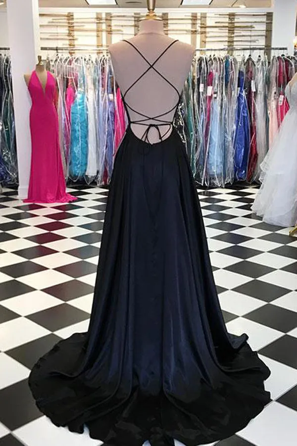Simple Blue Satin A-line Spaghetti Straps Long Prom Dresses with Train, SP449