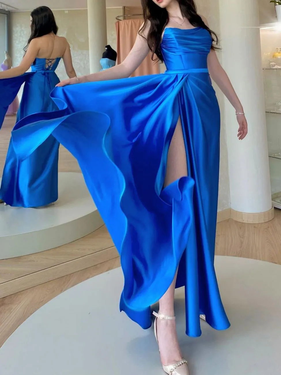 Simple Blue satin long prom dress, blue evening dress
