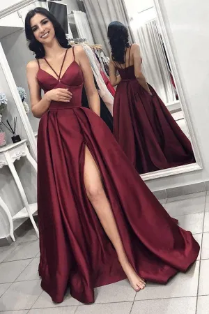 Simple Burgundy Satin Split Long Prom Evening Dress With Pockets TP1077