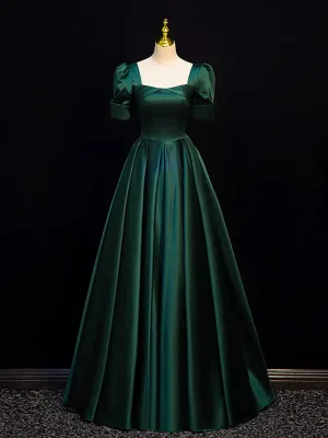 Simple Cute A-line Short Sleeves Satin Party Dress, Simple Green Prom Dress Evening Dress