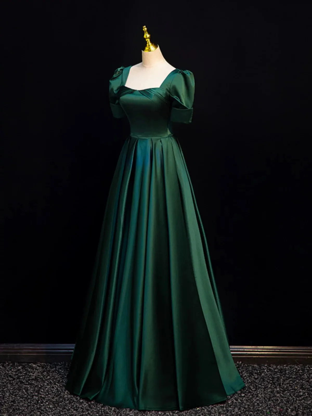 Simple Cute A-line Short Sleeves Satin Party Dress, Simple Green Prom Dress Evening Dress
